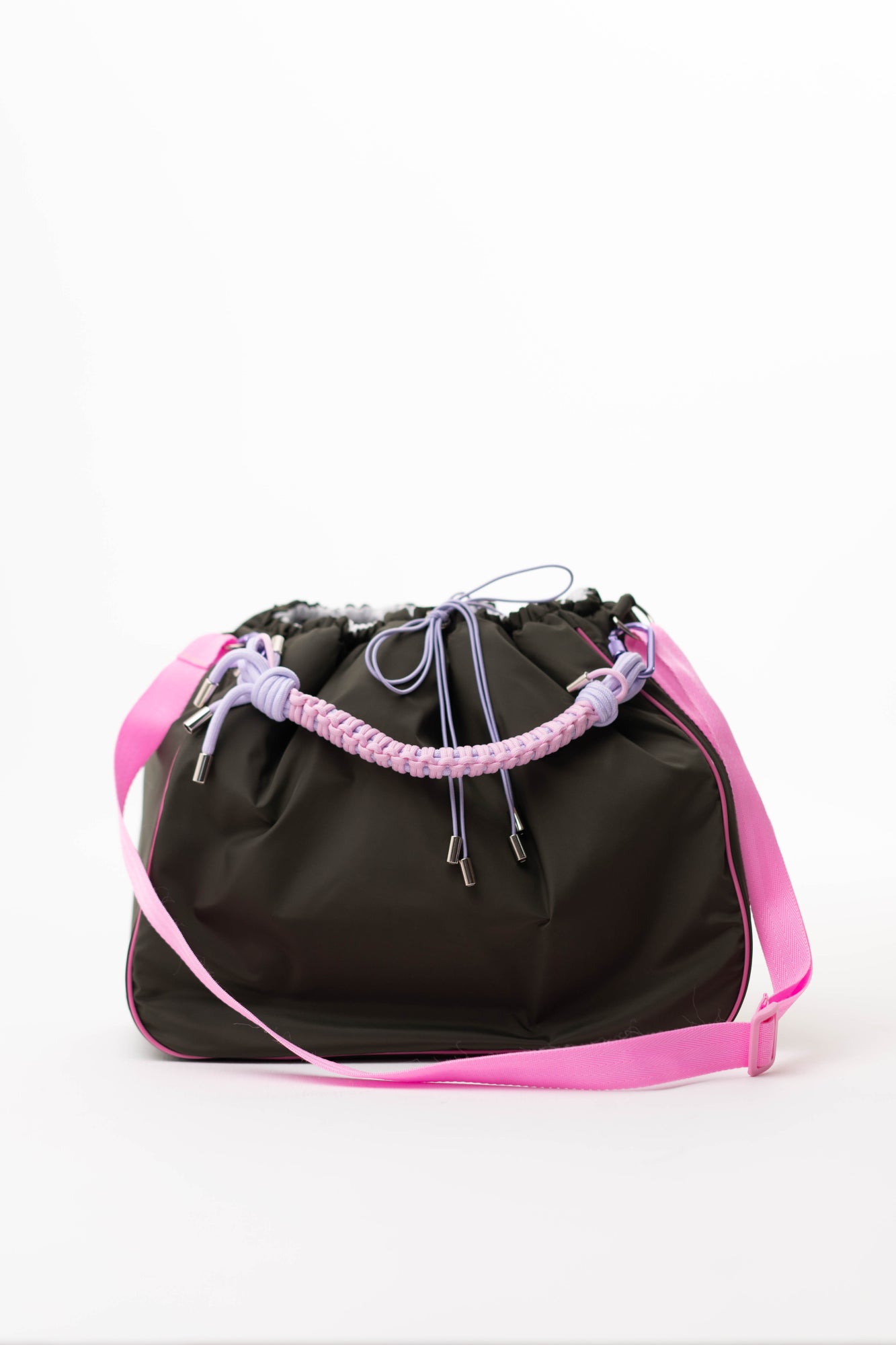 Khaki Maxi Bubzi bag with a pink shoulder strap and braided handle
