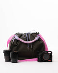 Khaki Maxi Bubzi bag with compartments for a camera, lenses, and photography gear