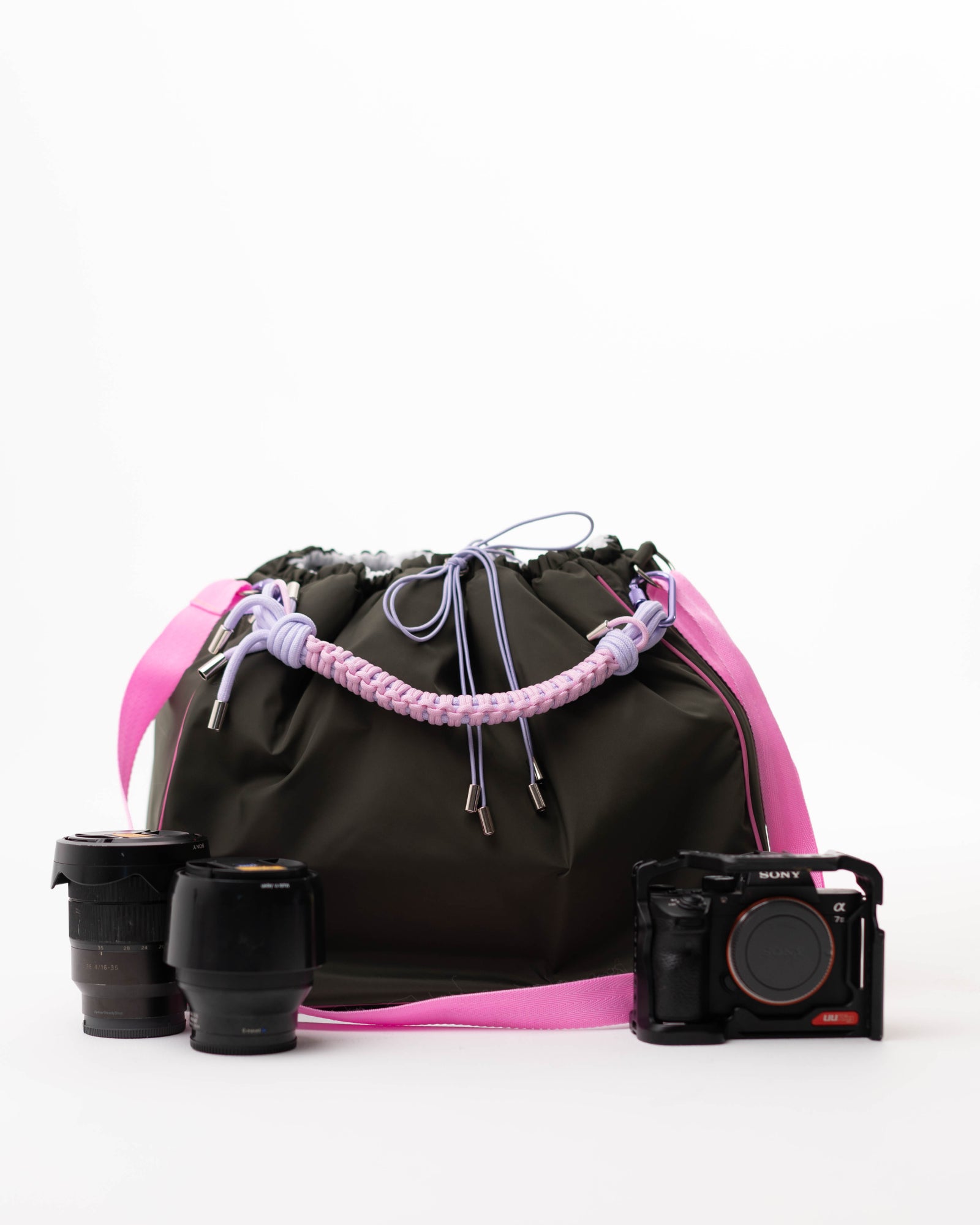 Khaki Maxi Bubzi bag with compartments for a camera, lenses, and photography gear